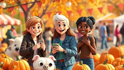 Three cartoon girls with different hair colors and skin tones are smiling and holding smartphones at an outdoor autumn festival with pumpkins and fall foliage in the background.