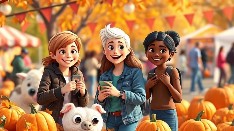 Three cartoon girls with different hair colors and skin tones are smiling and holding smartphones at an outdoor autumn festival with pumpkins and fall foliage in the background.