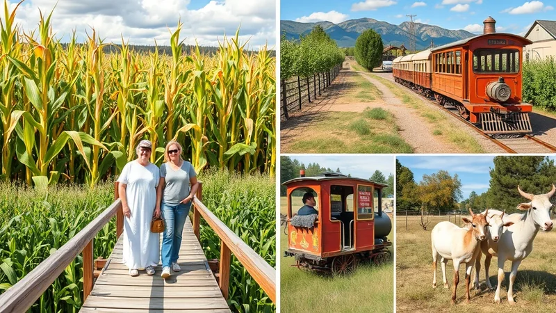 Two women stand on a wooden walkway through a tall cornfield under a partly cloudy sky. In other panels, a vintage red train with multiple cars sits on tracks next to a tree-lined path with mountains in the background, a man drives a small red train car, and three cows stand in a grassy field.