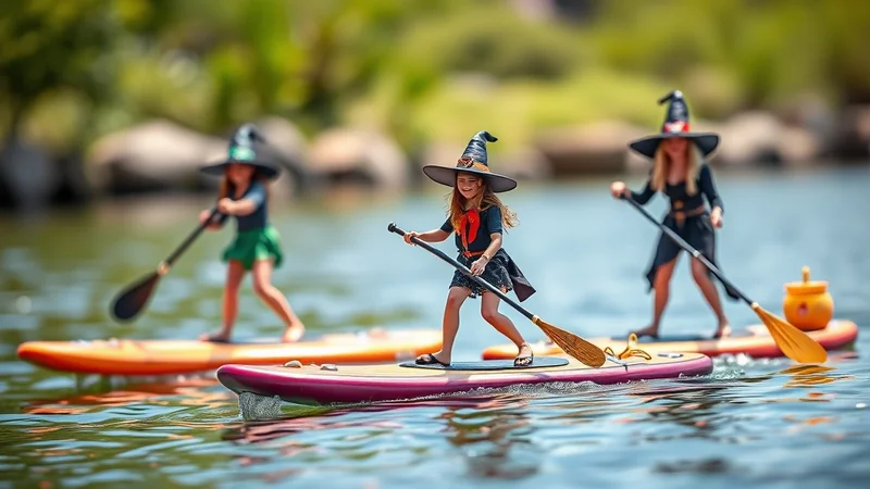 Three people dressed as witches on paddleboards, paddling on a lake with a spooky Halloween theme.