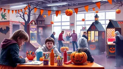 Children are engaged in Halloween-themed crafts at a table, with decorations like pumpkins and banners in the background, creating a festive and fun atmosphere.