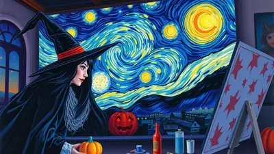 A witch in a black pointed hat and cloak is painting a starry night sky on an easel, with a jack-o-lantern and pumpkins on a windowsill.