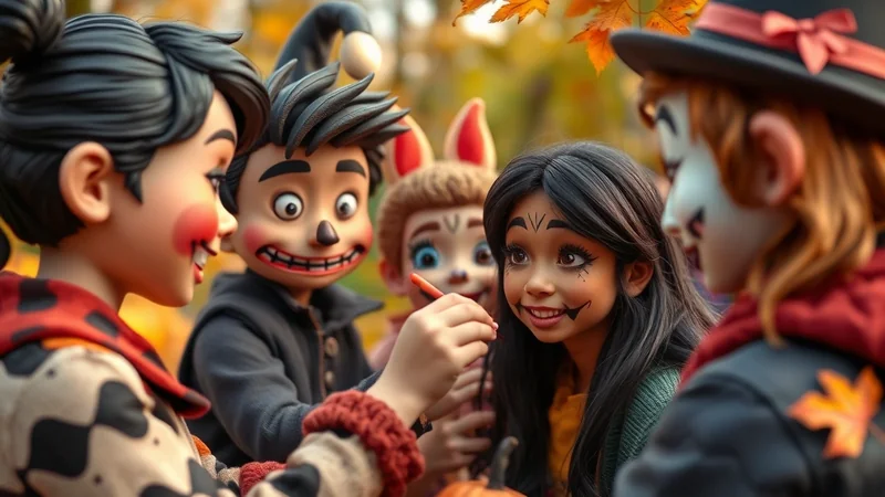 A group of children in Halloween costumes, some with face paint, are gathered outdoors in autumn, with one child holding a marker and appearing to draw on another's face.
