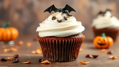 A close-up of a Halloween-themed chocolate cupcake with white frosting, decorated with a black bat and two chocolate bean eyes and mouth, creating a cute ghost face. Two small pumpkins and scattered autumn leaves are visible in the blurred background.