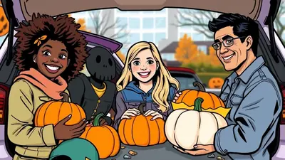Three people, two women and one man, are smiling and holding pumpkins in the back of a car. The scene appears to be a fall or Halloween event, possibly a pumpkin patch or trunk-or-treat.