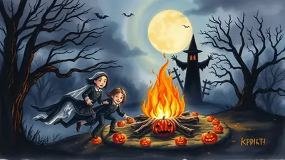 Two children in colonial-era clothing are gathered around a bonfire on a spooky Halloween night, with a full moon, bats, and a silhouette of a witch's hat in the background.