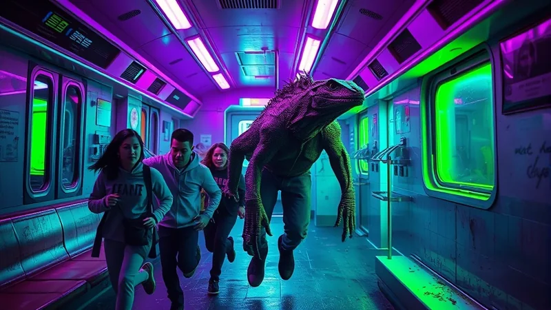 Three people are running away from a giant, muscular lizard-like creature in a neon-lit subway car. The creature is in mid-air, lunging towards the fleeing people, while the interior of the subway is illuminated with vibrant purple and green lights.