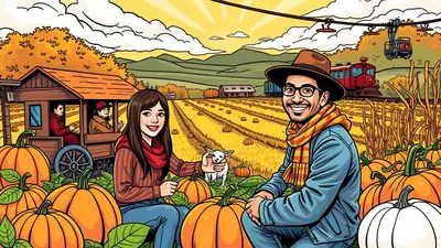 A couple sits in a pumpkin patch with a small white dog between them. In the background, a train passes by a field of pumpkins and a barn under a bright, sunny sky with clouds.