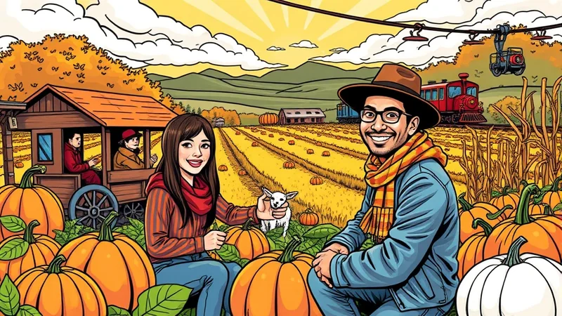 A couple sits in a pumpkin patch with a small white dog between them. In the background, a train passes by a field of pumpkins and a barn under a bright, sunny sky with clouds.