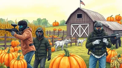 Three people in paintball gear stand in a pumpkin patch in front of a barn, with goats grazing in the background and an American flag flying above the barn.