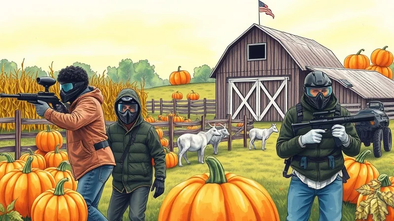 Three people in paintball gear stand in a pumpkin patch in front of a barn, with goats grazing in the background and an American flag flying above the barn.