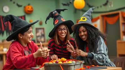 Three young women wearing witch hats and Halloween-themed outfits are sitting at a table, smiling and looking at a tray of colorful candies. The room is decorated for Halloween with pumpkins and bats hanging on the wall.