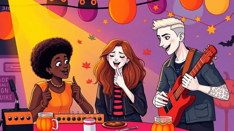 Three friends are enjoying a Halloween party. A Black woman with an afro is singing into a microphone, a white woman with long red hair is laughing with her finger to her lips, and a white man with blonde hair is playing a red electric guitar. They are in a room decorated with Halloween-themed lights and falling leaves.