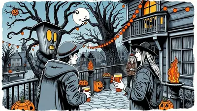 Two people stand on a porch decorated for Halloween, holding drinks and looking at a spooky, cartoonish tree monster. The scene is set at night with a full moon and jack-o'-lanterns, creating a festive and eerie atmosphere.