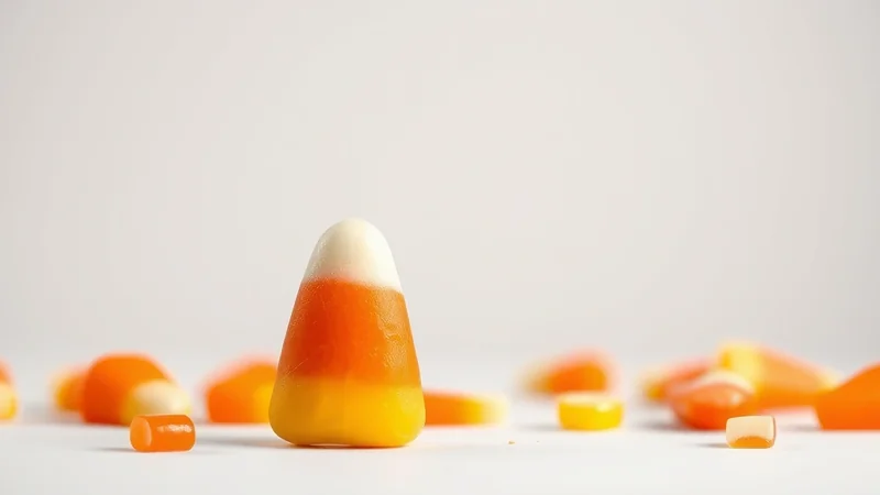 A single candy corn stands prominently in the foreground, with a scattering of other candy corn pieces blurred in the background against a plain white backdrop.