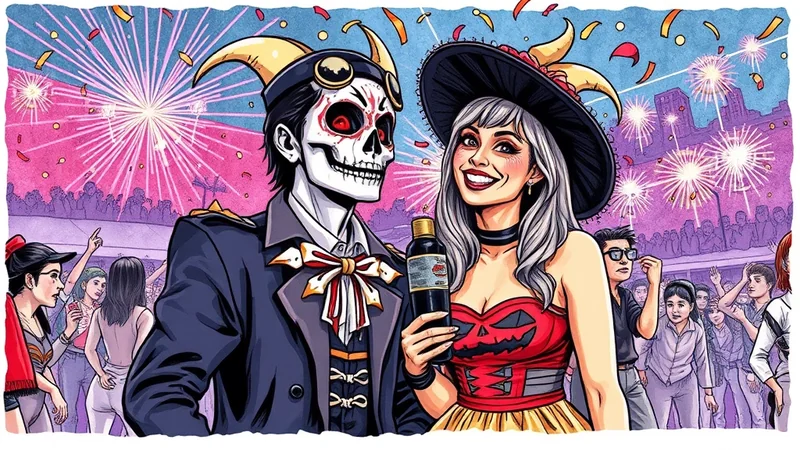 A couple dressed in Halloween costumes, a skeleton and a witch, stand in front of a crowd watching fireworks. The skeleton wears a dark suit and a jester-like hat with horns, while the witch sports a black hat and a red dress with a pumpkin design. They are holding a bottle and smiling at the camera amidst a festive atmosphere with confetti falling.