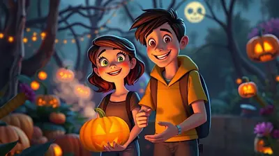 A young cartoon couple smiles as they hold a carved pumpkin in a spooky, dimly lit forest setting with jack-o'-lanterns and string lights.