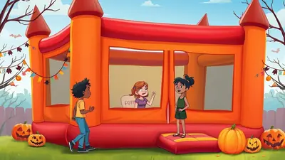 Three children are playing outside a large orange bounce house decorated for Halloween with pumpkins and festive bunting. One child stands on a mat in front of the bounce house, waving, while another walks towards it. A third child is visible inside the bounce house, also waving.