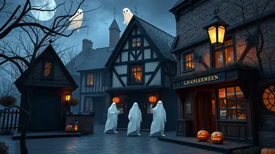 Three people in ghost costumes with jack-o-lanterns walk down a cobblestone street in front of old, dark buildings under a full moon on Halloween night.