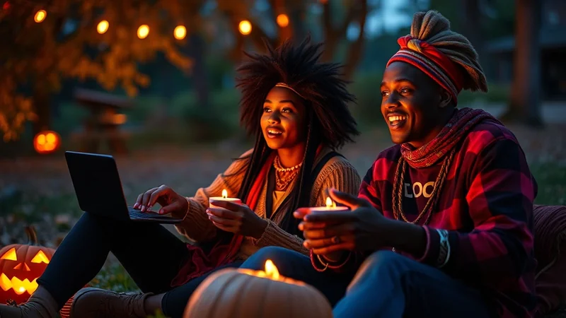 A young Black couple sits outdoors at night, illuminated by string lights and jack-o'-lanterns, watching a laptop and holding candles, enjoying a cozy Halloween evening.