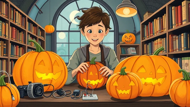 A young boy with brown hair smiles as he sits at a table surrounded by carved pumpkins in a library setting, with bookshelves in the background and a crescent moon visible through a large window.