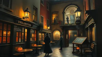 A dimly lit, cobblestone alleyway at night, decorated for Halloween with glowing jack-o'-lanterns on tables outside a pub called "THILARSTYES". Two figures in long coats stand in the alley, and a couple looks out from a balcony above.