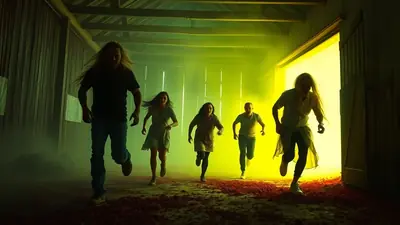 A group of five people with long hair are running away from the camera inside a dimly lit barn, illuminated by a bright yellow light emanating from an open doorway at the end of the barn. The floor is covered in red debris, and the mood is one of urgency and escape.