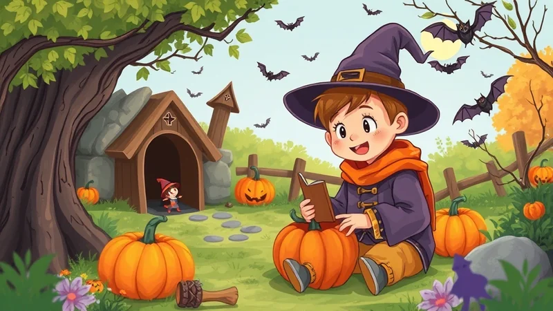 A young child dressed as a witch sits on a pumpkin reading a book, surrounded by other pumpkins and bats flying in the sky, with a small wooden structure in the background. The scene has a festive Halloween atmosphere.