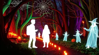 A spooky forest path at night, illuminated by glowing candles and colorful lights, with silhouetted figures of people and glowing ghosts dressed as witches.