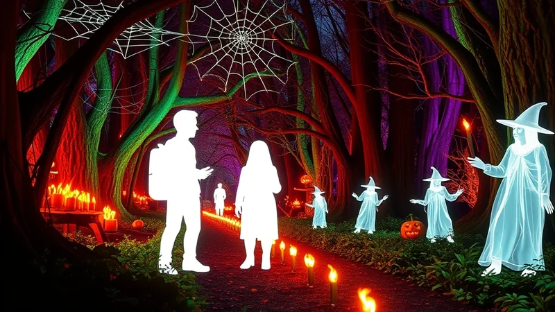 A spooky forest path at night, illuminated by glowing candles and colorful lights, with silhouetted figures of people and glowing ghosts dressed as witches.