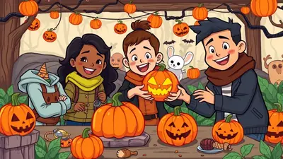 Three children are carving pumpkins for Halloween in a forest setting. The child on the left is wearing a light blue hoodie and overalls, with a carrot-shaped hat. The middle child, holding a carved pumpkin, wears a yellow scarf and a brown jacket. The child on the right, in a dark jacket and brown scarf, smiles broadly. A white bunny sits on the middle child's shoulder. Several carved and uncarved pumpkins are arranged on a wooden table, with more pumpkins hanging from branches above. The scene is festive and autumnal.