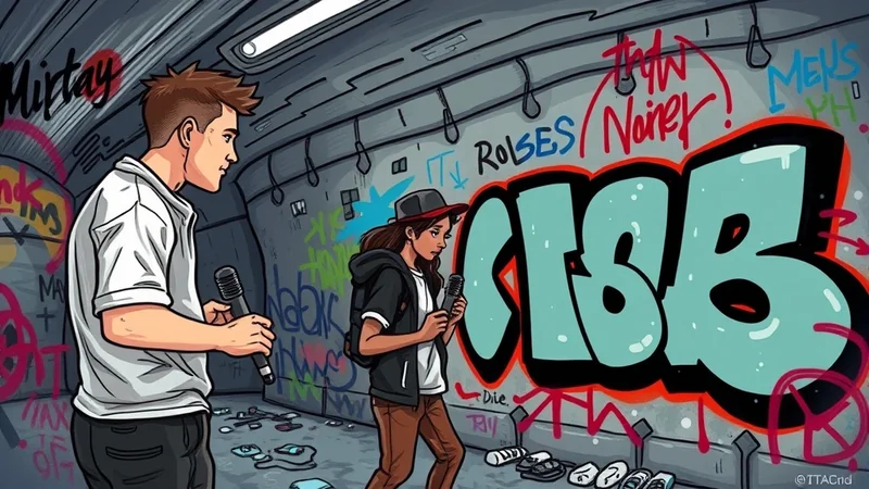 Two young people, a male and a female, stand in a graffiti-covered subway tunnel, each holding a microphone and looking at the graffiti. The scene has a gritty, urban atmosphere.