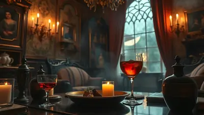 A dimly lit, opulent room with a large gothic window, featuring a glass of red wine on a table with a lit candle and a decorative bowl. The room has ornate furniture, paintings on the walls, and a chandelier, creating a mysterious and luxurious atmosphere.