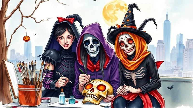 Three figures in Halloween costumes are painting a skull. On the left is a woman with black hair and a red bow, wearing a black hooded dress. In the center is a figure in a purple hooded robe with a skeleton face and a red bow tie. On the right is a figure in a witch hat and a skeleton costume, with a bright orange scarf. They are sitting at a table with art supplies, with a cityscape and a large full moon in the background.