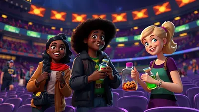 Three diverse cartoon friends, two girls and one boy, are sitting in purple stadium seats, holding up colorful bottles. The girl on the left has dark skin and braided hair, wearing a red scarf and brown jacket. The boy in the middle has dark skin and an afro, wearing a green shirt and dark jacket. The girl on the right has blonde hair in a ponytail, wearing a purple top and green apron. The bottles contain colorful liquids and one has small pumpkins inside, suggesting a Halloween theme.