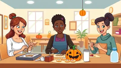 Three women are sitting at a table, engaged in crafting activities. The woman on the left is working on a beaded necklace, the woman in the middle is decorating cookies with a pumpkin in front of her, and the woman on the right is also crafting. The scene is festive and appears to be related to Halloween, with pumpkins and fall decorations visible in the background.