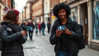 A young Black man with an afro smiles at the camera while holding a smartphone displaying a video, walking down a cobblestone street lined with shops. A woman with a red headband is visible in the background, also holding a smartphone.