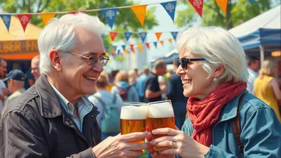 An elderly couple with white hair smiles and clinks glasses of beer together at an outdoor festival, with colorful flags and tents in the background.