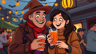 A smiling couple dressed in autumnal clothing enjoys drinks at an outdoor Halloween-themed gathering, with string lights and pumpkins decorating the background.