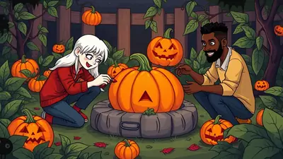 A young woman with white hair and a man with dark skin and a beard are carving pumpkins in a garden at night, surrounded by many other pumpkins and autumn leaves.