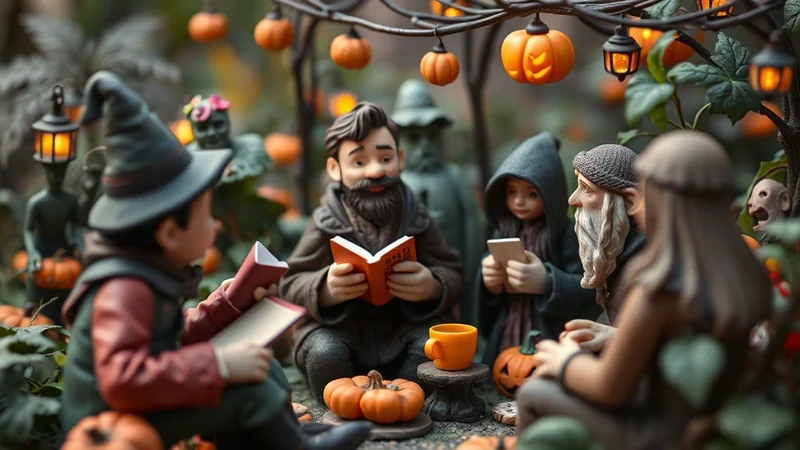 A group of whimsical figures, some dressed as wizards and gnomes, gather outdoors for a Halloween celebration. They are surrounded by pumpkins, lanterns, and spooky decorations, with some figures reading books and others looking at their phones.