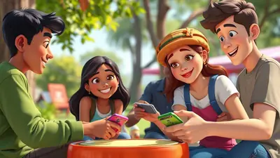 Four young people, two boys and two girls, are sitting around a table outdoors, each looking at their smartphone with smiles.