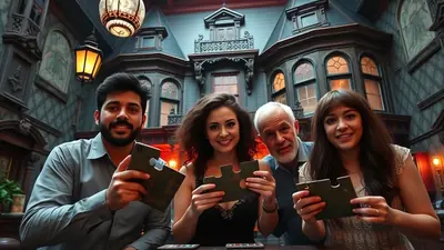 Four people, two men and two women, are holding puzzle pieces in front of a dark, gothic-style building, possibly a haunted house, with ornate lamps hanging from the ceiling.
