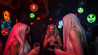 Three women with blonde hair are at a Halloween party, holding drinks and smiling. The room is decorated with spooky Halloween-themed lights, including jack-o'-lanterns and skull shapes.