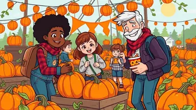 A diverse group of people, including children and adults, are happily selecting pumpkins at a vibrant pumpkin patch during autumn. The scene is festive with pumpkins displayed everywhere and decorated with string lights and orange banners.