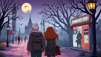 A couple walks down a spooky street at night towards a 'Zombie Rest Stop' with a zombie in the window, under a full moon with bats flying.
