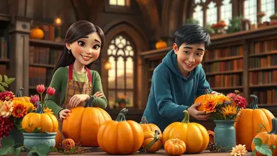 A young Asian boy and girl are decorating pumpkins and flowers in a library setting, with bookshelves in the background.