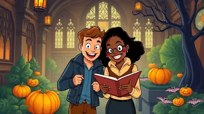 A cartoon illustration of a young man and woman smiling as they read a book together in front of a gothic-style building decorated for Halloween with pumpkins and bats.