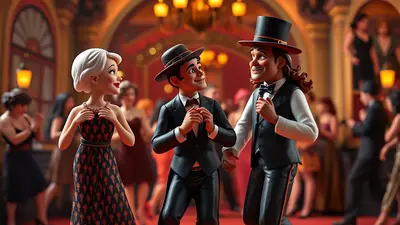 Three cartoon characters in formal wear are dancing at a party. A woman in a patterned dress stands on the left, while two men in tuxedos and top hats are in the center and right, looking at each other and smiling.
