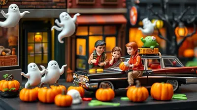 A Halloween-themed diorama featuring toy figures of children and ghosts around a vintage car, with pumpkins and spooky decorations.